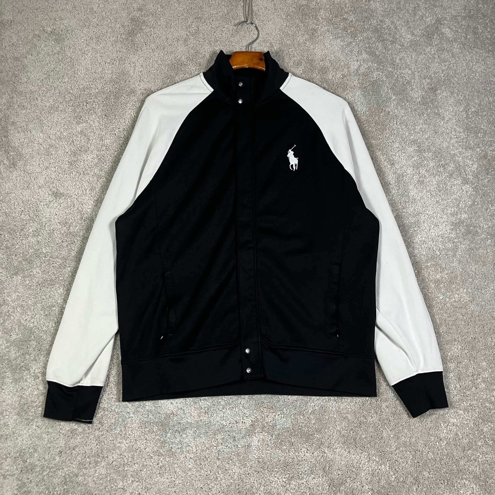 Vintage Polo Ralph Lauren Track Jacket Mens L Black White Pony Full Zip Raglan